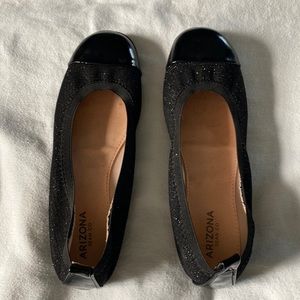Arizona Jean Co, kids black shoes, glittery, stretchy and comfortable.